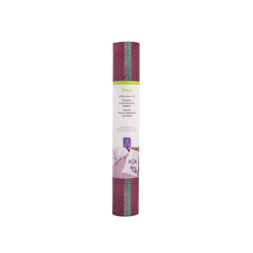 Vinil Termocolante com Glitter, Cricut, Glitter Iron-On Glam Squad, 3 Folhas, 30,5 × 30,5 cm, Transferência por Calor, 2004501